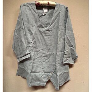 Mosaic USA Womens Linen Blouse Top XL Gray 3/4 Sleeve Asymmetric Hem Lagenlook